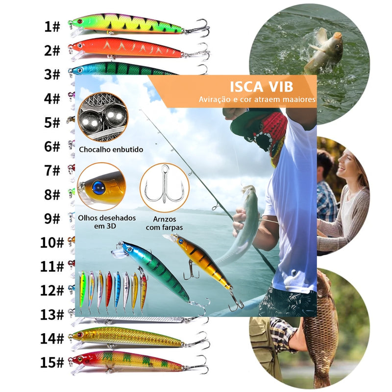 Kit com 15 Iscas Artificiais Meia-Água Premium 8 cm / 8,5 g