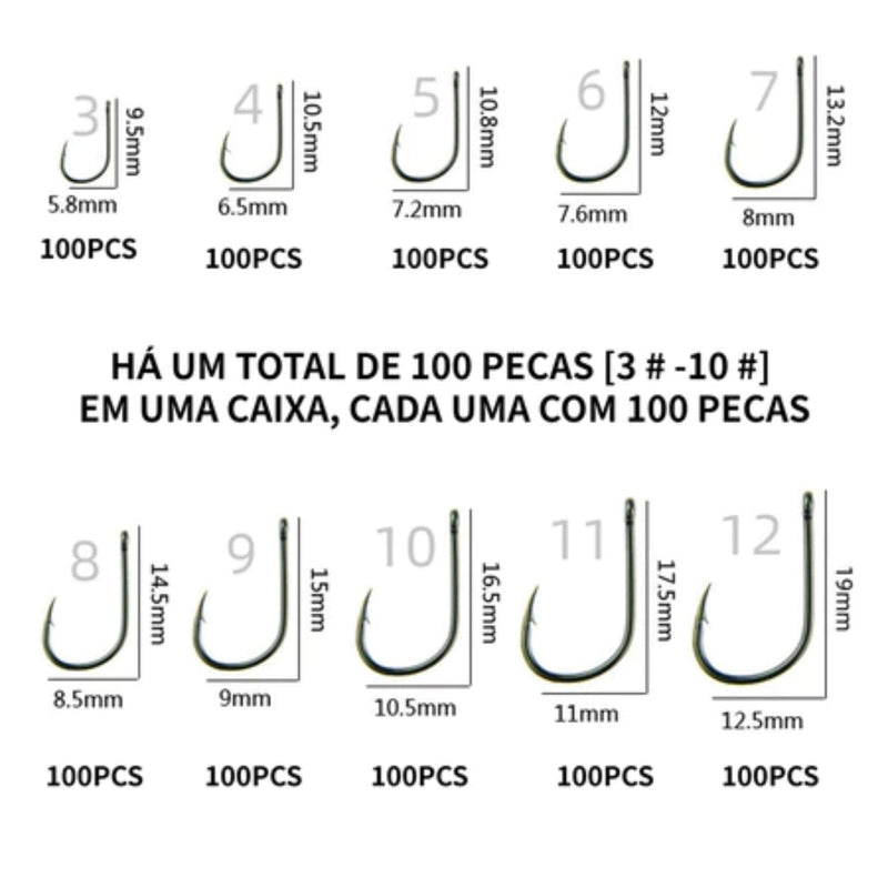 Kit com 1000 Anzóis de Pesca em Aço Carbono